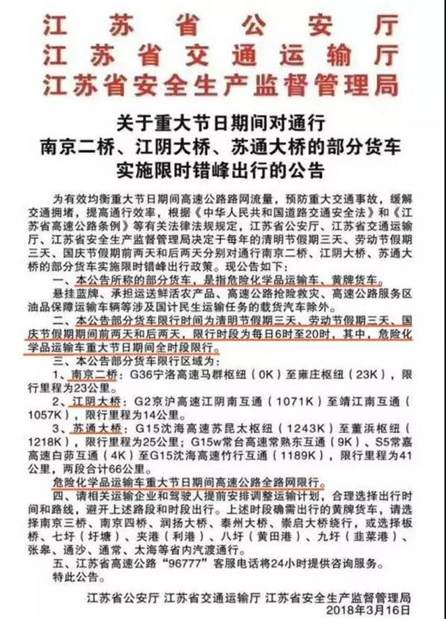 江苏重大节日部分货车限行公告
